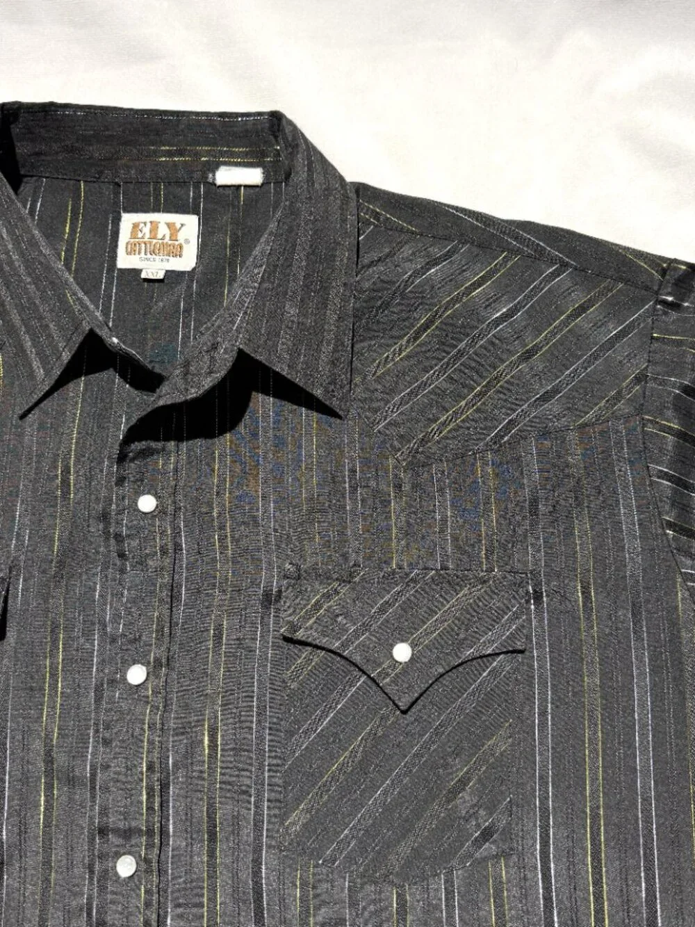 Ely Cattleman Mens Shirt XXL Black/ Metallic Stripes Pearl Snap Western Dress - Picture 1 of 7